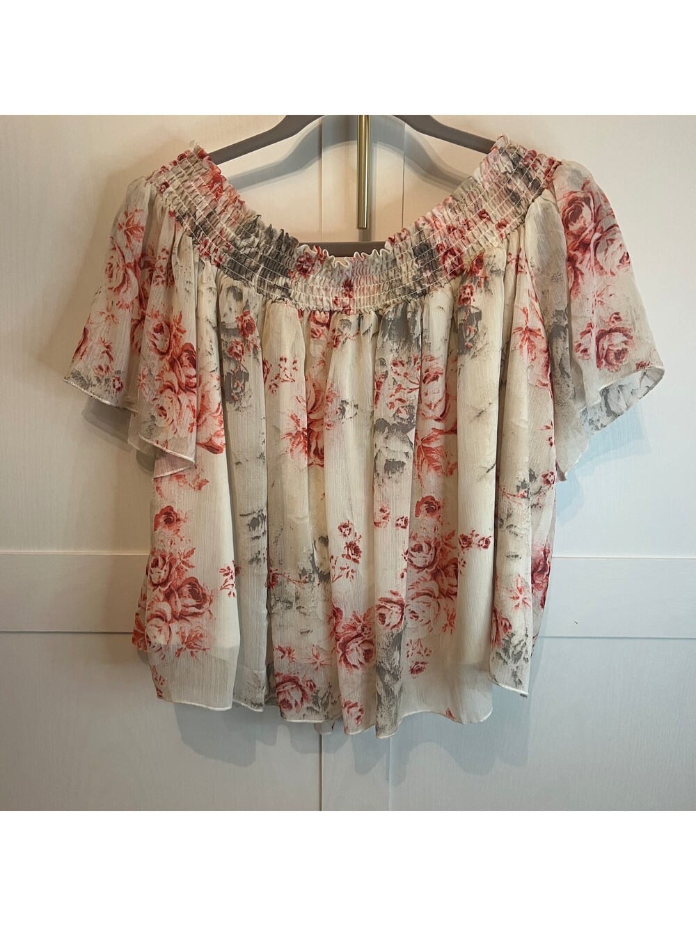 Love Fire Off Shoulder Floral Blouse Womens Large Boho Smocked Flutter Sleeve